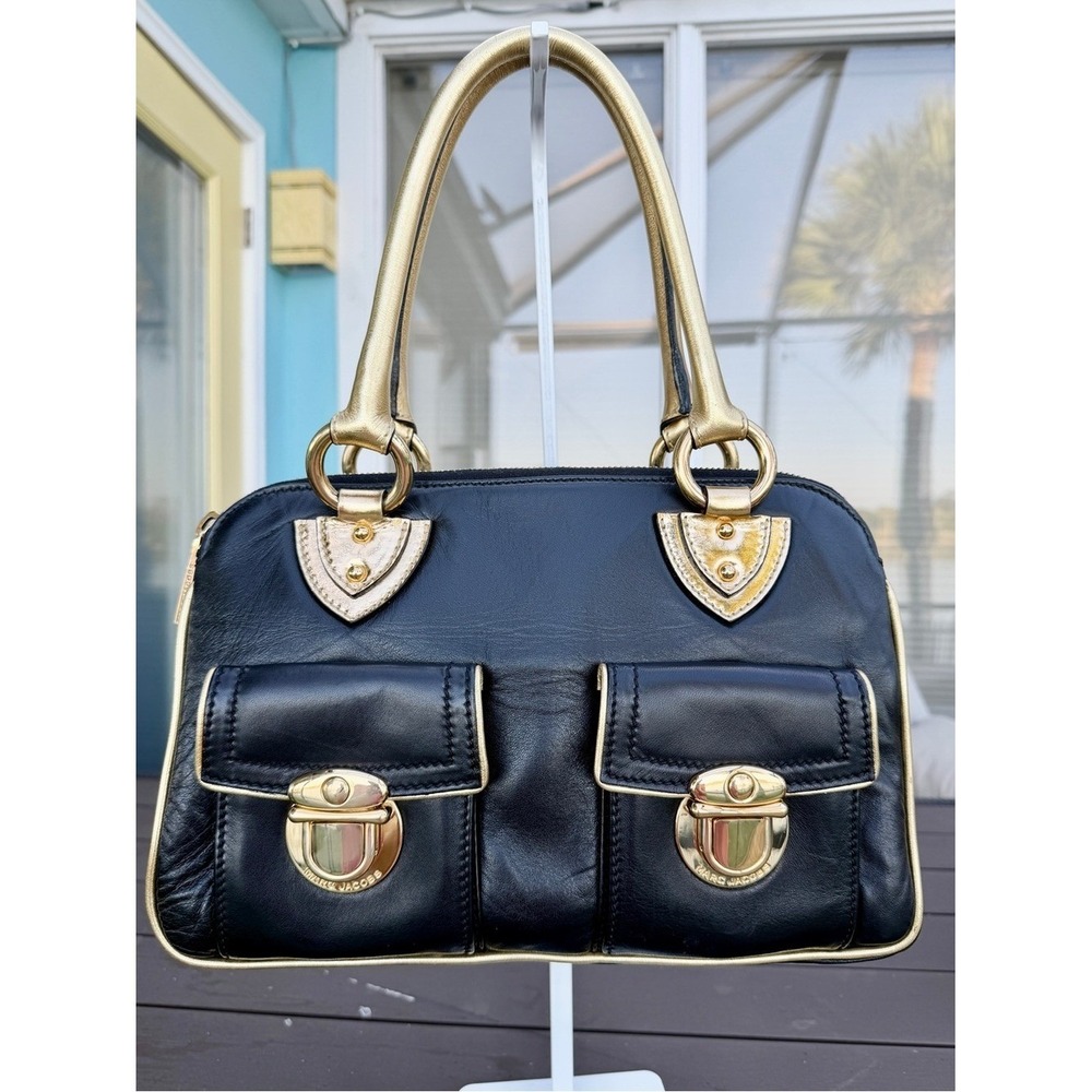 Marc Jacobs Rare Vintage Runway Black Lambskin Gold Metallic Satchel Bag - Picture 10 of 17